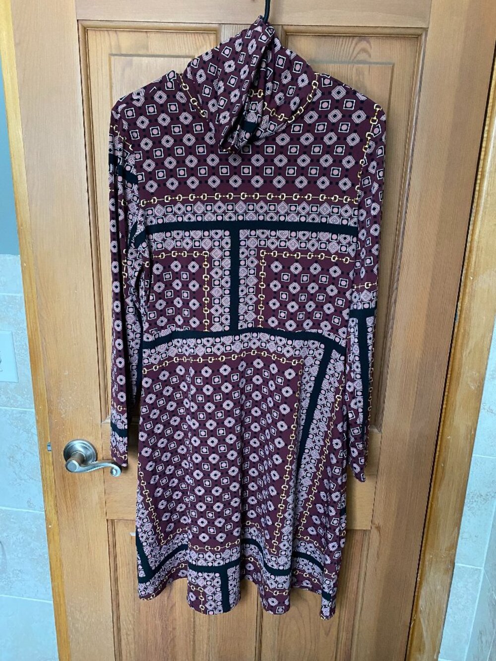 C Wonder Geometric Knit Turtleneck A-Line Dress Burgundy Pink L Long Sleeve